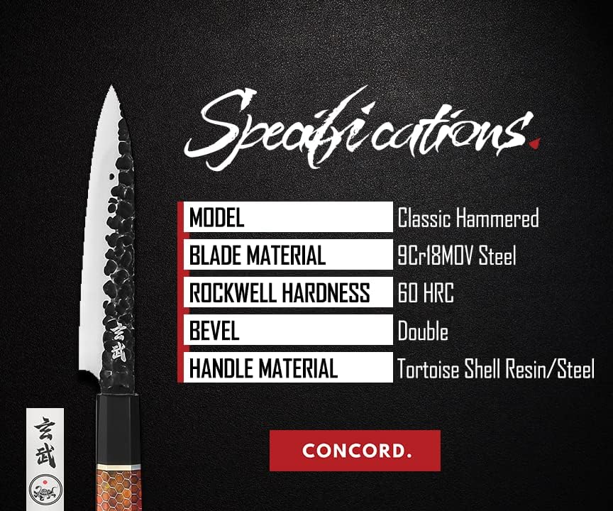 Concord Genbu Traditional Japanese Chef's Knife Raw Hammered Double Beveled 9CR18MOV Blade w/ 60 HRC. Tortoise Shell Resin Handle. Comes with Magnetic Magnolia Wood Sheath with Stand. (8" Gyuto)