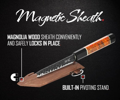 Concord Genbu Traditional Japanese Chef's Knife Raw Hammered Double Beveled 9CR18MOV Blade w/ 60 HRC. Tortoise Shell Resin Handle. Comes with Magnetic Magnolia Wood Sheath with Stand. (8" Gyuto)