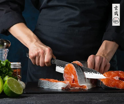 Concord Genbu Traditional Japanese Chef's Knife Raw Hammered Double Beveled 9CR18MOV Blade w/ 60 HRC. Tortoise Shell Resin Handle. Comes with Magnetic Magnolia Wood Sheath with Stand. (8" Gyuto)