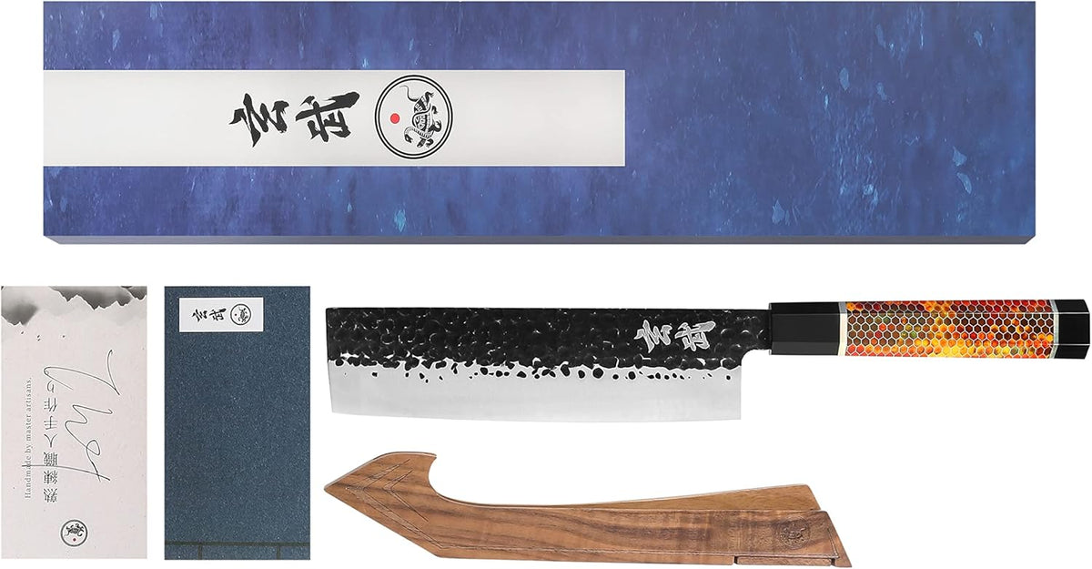 Concord Genbu Traditional Japanese Chef's Knife Raw Hammered Double Beveled 9CR18MOV Blade w/ 60 HRC. Tortoise Shell Resin Handle. Comes with Magnetic Magnolia Wood Sheath with Stand. (8" Gyuto)