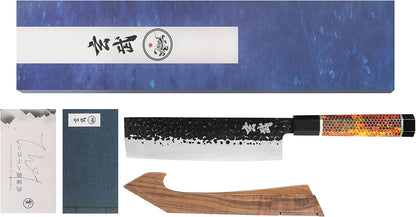 Concord Genbu Traditional Japanese Chef's Knife Raw Hammered Double Beveled 9CR18MOV Blade w/ 60 HRC. Tortoise Shell Resin Handle. Comes with Magnetic Magnolia Wood Sheath with Stand. (8" Gyuto)