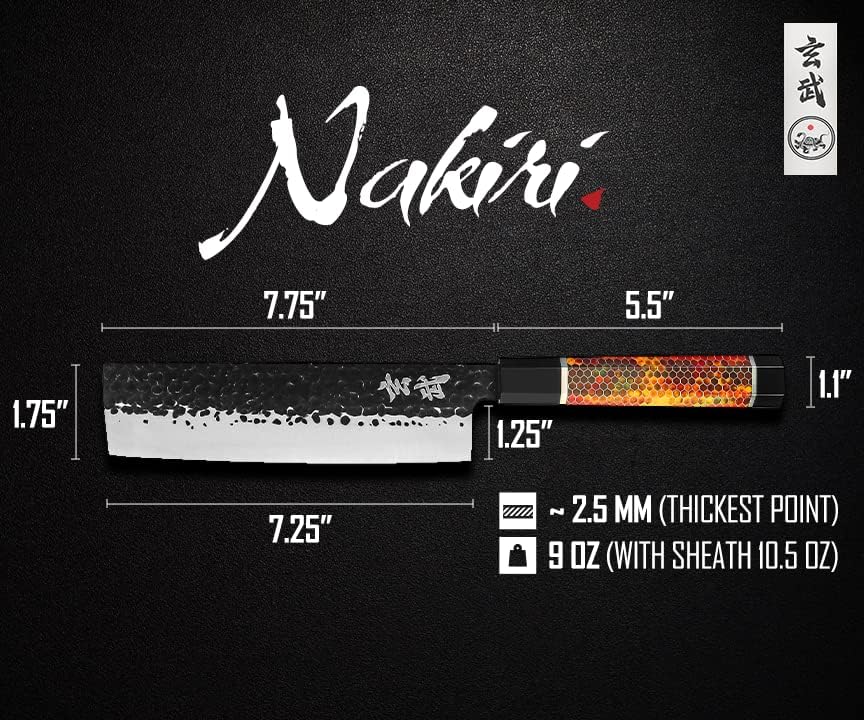 Concord Genbu Traditional Japanese Chef's Knife Raw Hammered Double Beveled 9CR18MOV Blade w/ 60 HRC. Tortoise Shell Resin Handle. Comes with Magnetic Magnolia Wood Sheath with Stand. (8" Gyuto)