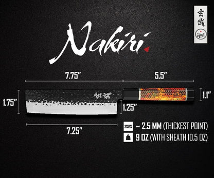 Concord Genbu Traditional Japanese Chef's Knife Raw Hammered Double Beveled 9CR18MOV Blade w/ 60 HRC. Tortoise Shell Resin Handle. Comes with Magnetic Magnolia Wood Sheath with Stand. (8" Gyuto)
