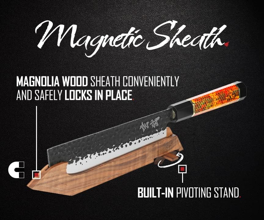 Concord Genbu Traditional Japanese Chef's Knife Raw Hammered Double Beveled 9CR18MOV Blade w/ 60 HRC. Tortoise Shell Resin Handle. Comes with Magnetic Magnolia Wood Sheath with Stand. (8" Gyuto)