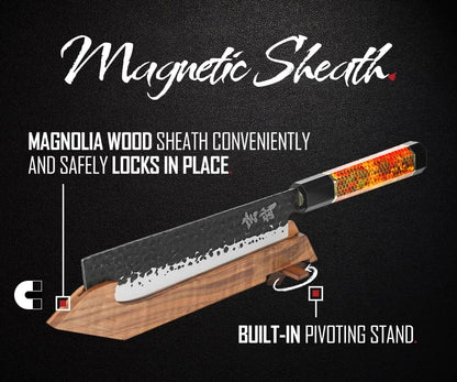 Concord Genbu Traditional Japanese Chef's Knife Raw Hammered Double Beveled 9CR18MOV Blade w/ 60 HRC. Tortoise Shell Resin Handle. Comes with Magnetic Magnolia Wood Sheath with Stand. (8" Gyuto)