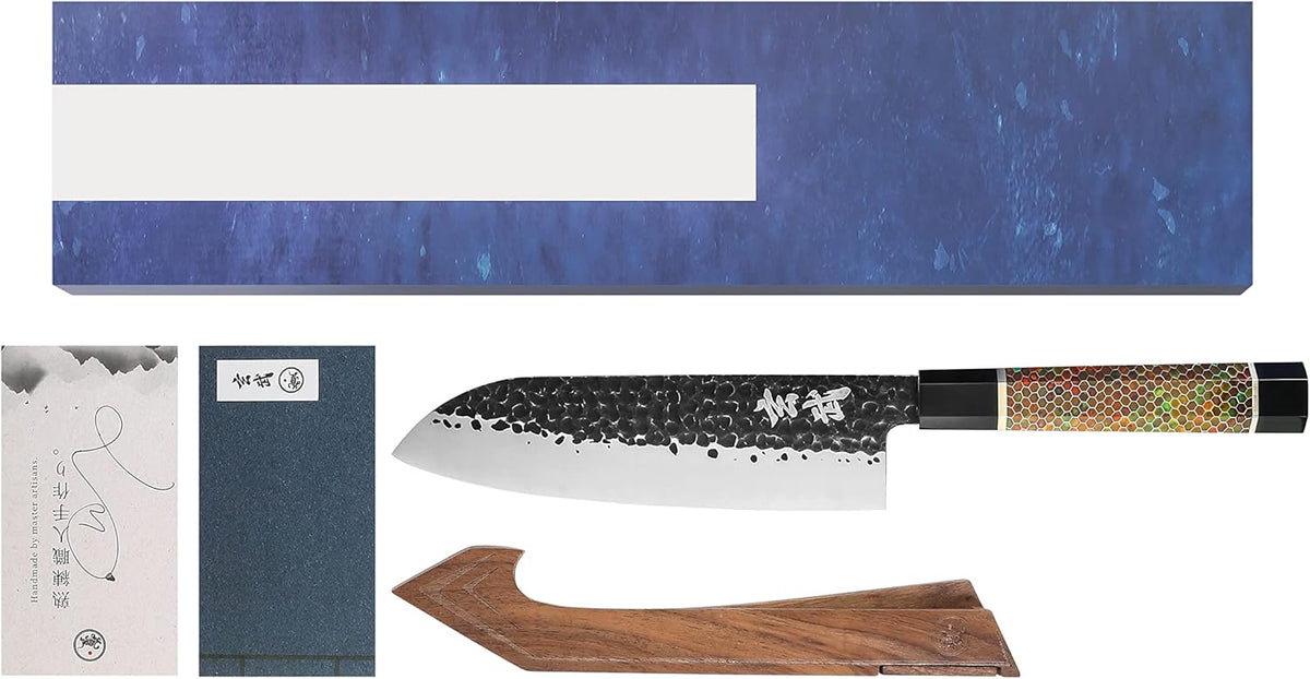 Concord Genbu Traditional Japanese Chef's Knife Raw Hammered Double Beveled 9CR18MOV Blade w/ 60 HRC. Tortoise Shell Resin Handle. Comes with Magnetic Magnolia Wood Sheath with Stand. (8" Gyuto)