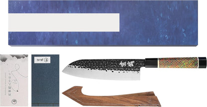 Concord Genbu Traditional Japanese Chef's Knife Raw Hammered Double Beveled 9CR18MOV Blade w/ 60 HRC. Tortoise Shell Resin Handle. Comes with Magnetic Magnolia Wood Sheath with Stand. (8" Gyuto)