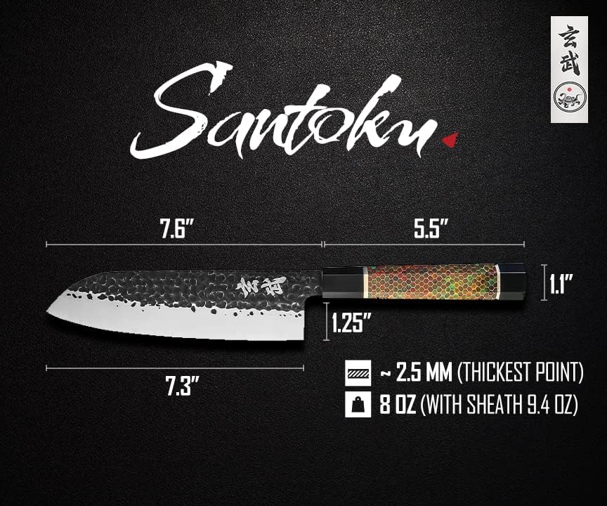 Concord Genbu Traditional Japanese Chef's Knife Raw Hammered Double Beveled 9CR18MOV Blade w/ 60 HRC. Tortoise Shell Resin Handle. Comes with Magnetic Magnolia Wood Sheath with Stand. (8" Gyuto)