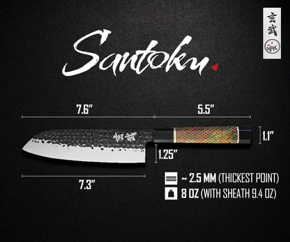 Concord Genbu Traditional Japanese Chef's Knife Raw Hammered Double Beveled 9CR18MOV Blade w/ 60 HRC. Tortoise Shell Resin Handle. Comes with Magnetic Magnolia Wood Sheath with Stand. (8" Gyuto)