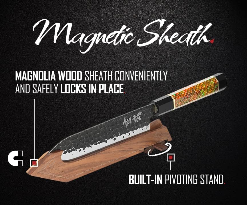 Concord Genbu Traditional Japanese Chef's Knife Raw Hammered Double Beveled 9CR18MOV Blade w/ 60 HRC. Tortoise Shell Resin Handle. Comes with Magnetic Magnolia Wood Sheath with Stand. (8" Gyuto)