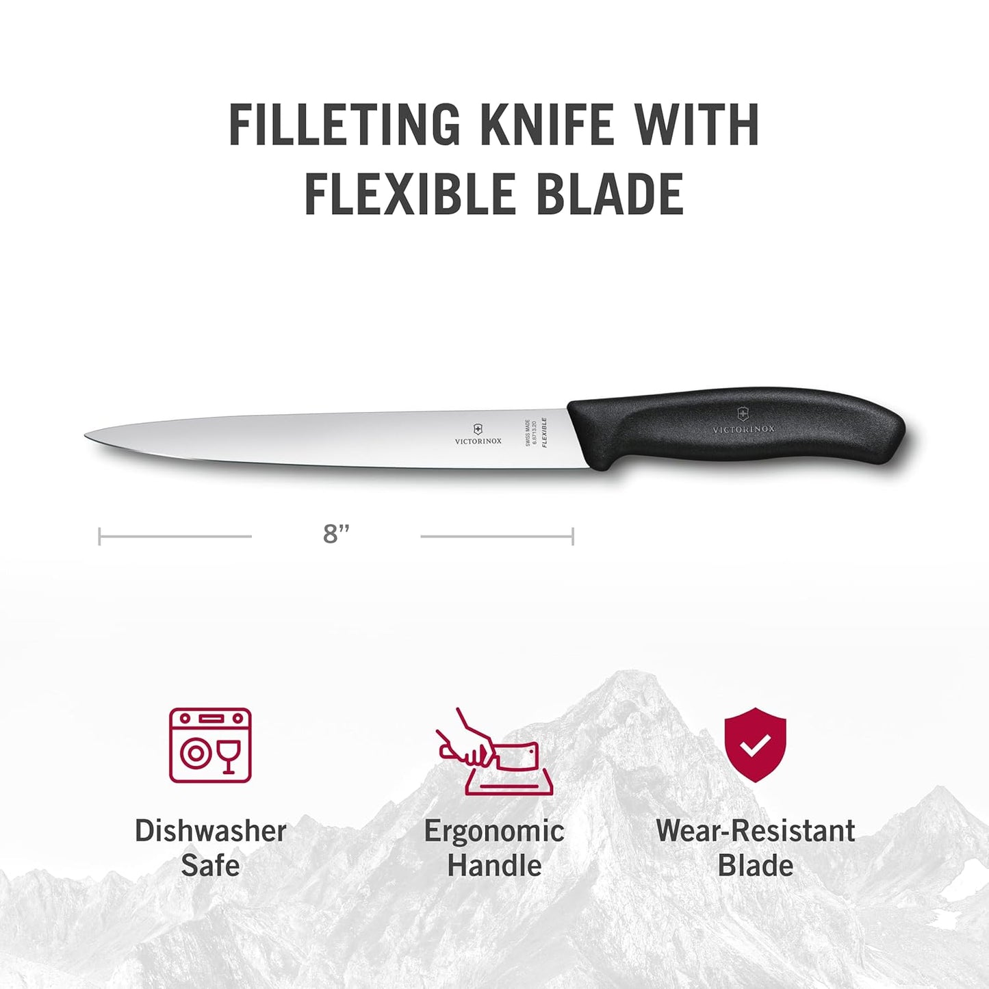 Swiss Classic 8-Inch Fillet Knife, with Straight Flexible Blade, Multicolor