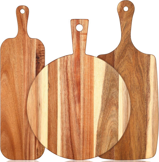 3 Pcs Acacia Wood Cutting Board with Handle Wooden Chopping Charcuterie Board Assorted Size Butcher Block Serving Tray for Cheese Pizza, 16 x 12 In, 17 x 7 In, 16 x 4.7 in