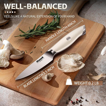 Huusk Paring Knife Ultra Sharp - 3.5" Small Kitchen Knife, Ivory White Grip | Japanese Stainless Steel, Well-balanced, Ergonomic, for Vegetable Fruit Peeling Coring Cutting, Men & Women Gift