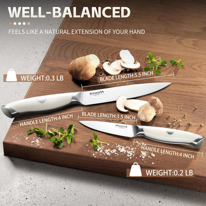 Huusk Paring Knife Ultra Sharp - 3.5" Small Kitchen Knife, Ivory White Grip | Japanese Stainless Steel, Well-balanced, Ergonomic, for Vegetable Fruit Peeling Coring Cutting, Men & Women Gift