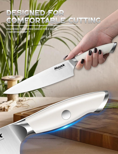 Huusk Paring Knife Ultra Sharp - 3.5" Small Kitchen Knife, Ivory White Grip | Japanese Stainless Steel, Well-balanced, Ergonomic, for Vegetable Fruit Peeling Coring Cutting, Men & Women Gift