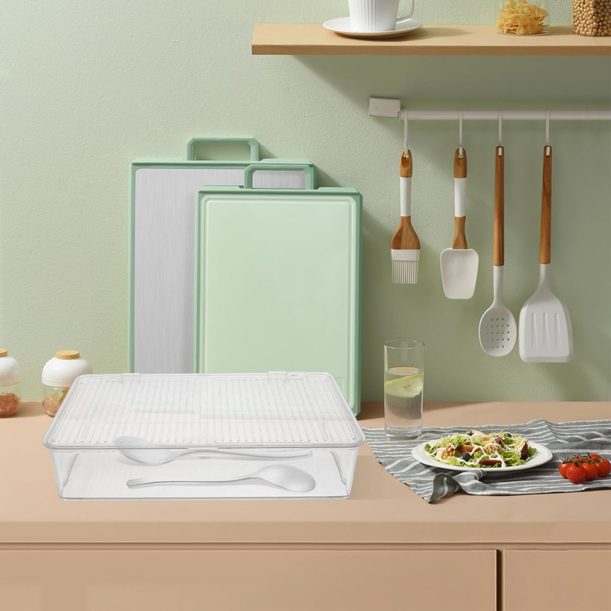 Transparent Utensil Holder with Lid Dust-Proof Knife and Fork Box Kitchen Flatware Organizer Drawer Storage 10.62X6.49X2.36 Inch