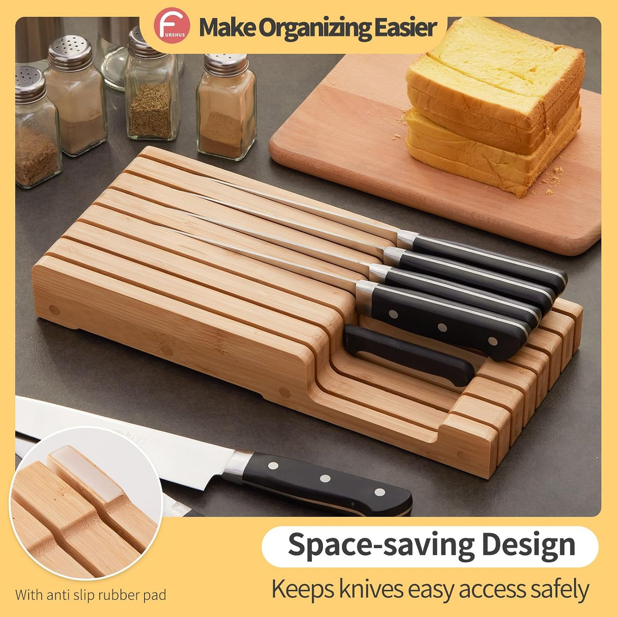 Bamboo Knife Block and In-Drawer Storage, Display Stand and Organizer, Holds Up To 7 Knives(Not Included)
