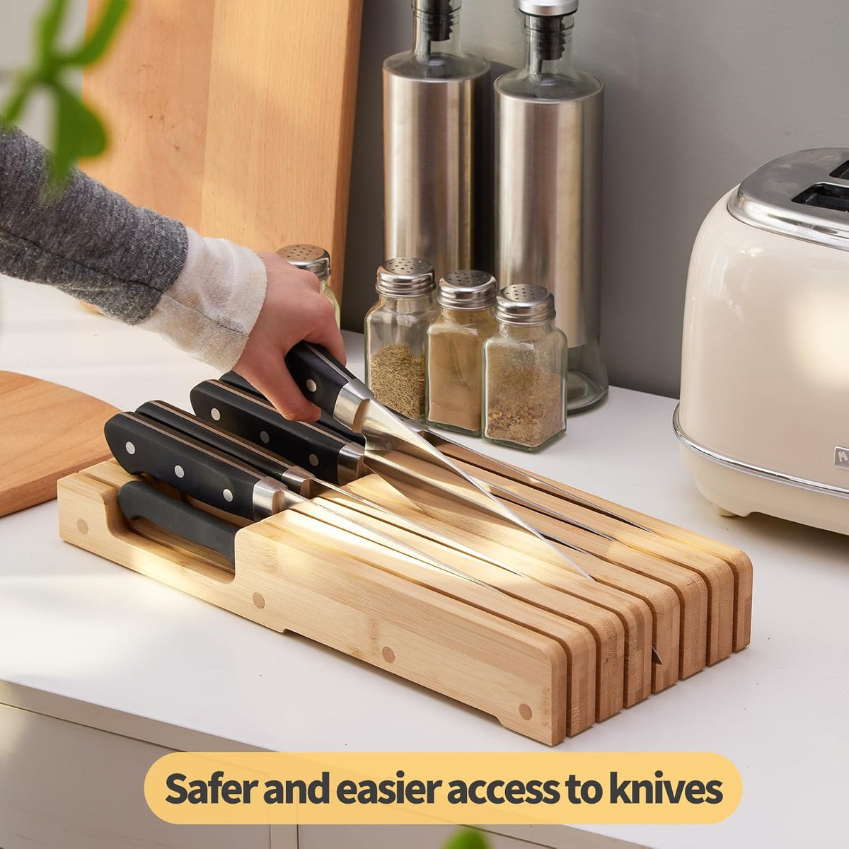 Bamboo Knife Block and In-Drawer Storage, Display Stand and Organizer, Holds Up To 7 Knives(Not Included)