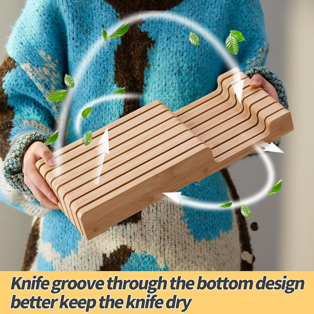 Bamboo Knife Block and In-Drawer Storage, Display Stand and Organizer, Holds Up To 7 Knives(Not Included)