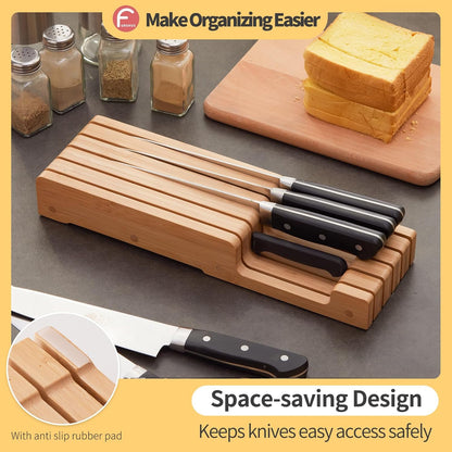 Bamboo Knife Block and In-Drawer Storage, Display Stand and Organizer, Holds Up To 7 Knives(Not Included)