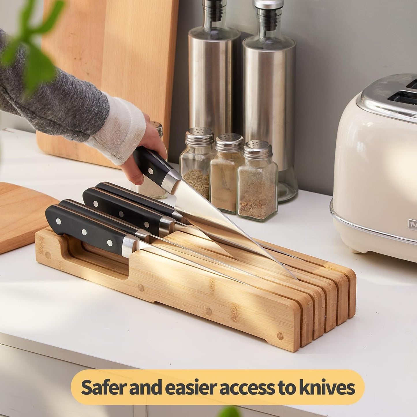 Bamboo Knife Block and In-Drawer Storage, Display Stand and Organizer, Holds Up To 7 Knives(Not Included)