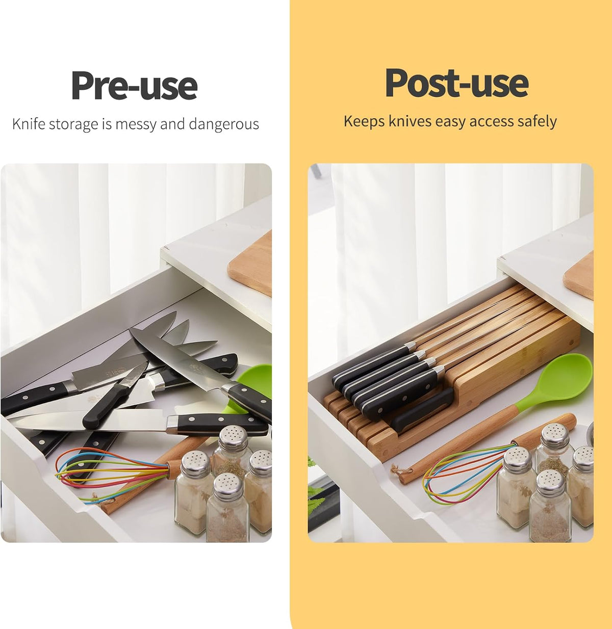 Bamboo Knife Block and In-Drawer Storage, Display Stand and Organizer, Holds Up To 7 Knives(Not Included)