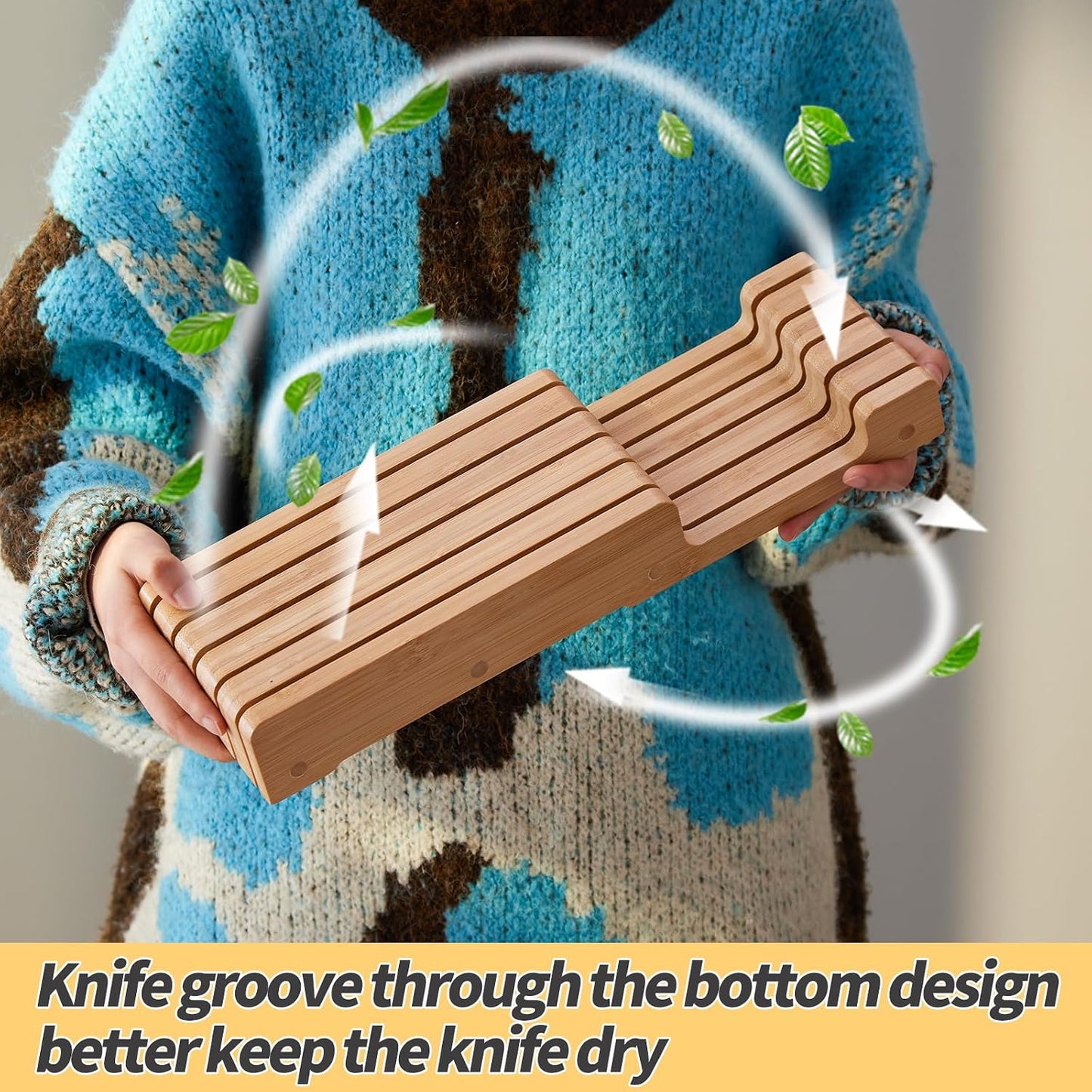 Bamboo Knife Block and In-Drawer Storage, Display Stand and Organizer, Holds Up To 7 Knives(Not Included)