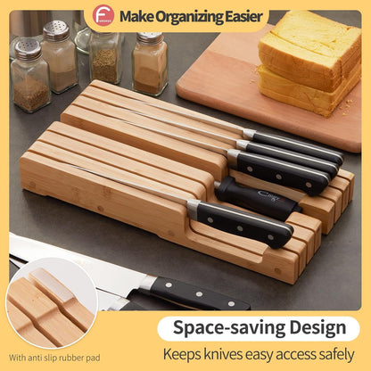 Bamboo Knife Block and In-Drawer Storage, Display Stand and Organizer, Holds Up To 7 Knives(Not Included)