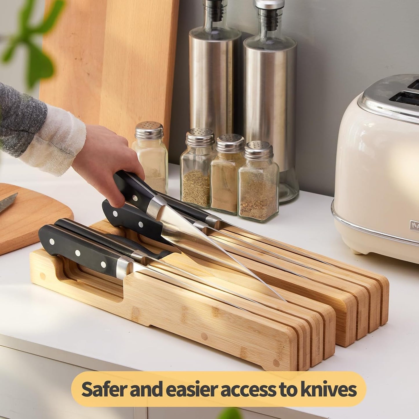 Bamboo Knife Block and In-Drawer Storage, Display Stand and Organizer, Holds Up To 7 Knives(Not Included)