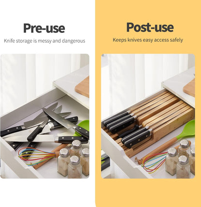 Bamboo Knife Block and In-Drawer Storage, Display Stand and Organizer, Holds Up To 7 Knives(Not Included)