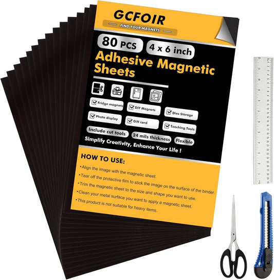 Adhesive Magnetic Sheets 4 x 6 Inch, 80 Packs Magnetic Sheets with Adhesive Backing - 0.5mm Thickness Flexible Magnet Sheets for Dies Storage, Craft Projects, Photos, School, Office