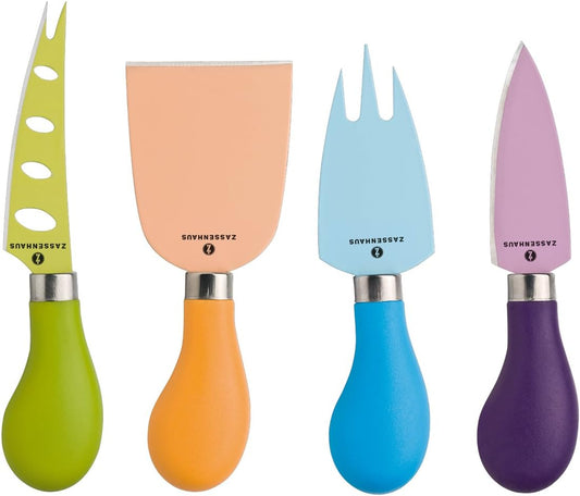 Colorful Cheese Knife Set - 4-Piece, 4.5in Assorted Handles - Hard Knife, Slicer & Spreader