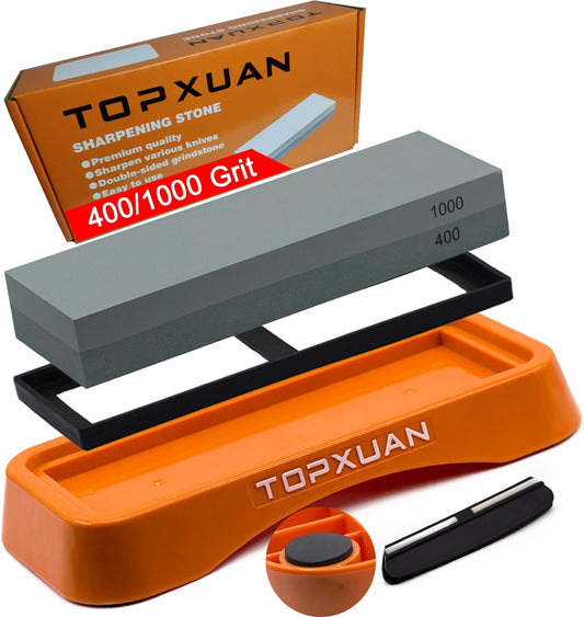 Knife Sharpening Stone Sided 400/1000 Grit sharpener Waterstone,Professional Kitchen Whetstone with Orange Plastic Base, Non-slip Rubber and Angle Guide