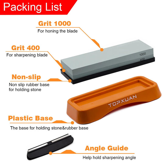 Knife Sharpening Stone Sided 400/1000 Grit sharpener Waterstone,Professional Kitchen Whetstone with Orange Plastic Base, Non-slip Rubber and Angle Guide