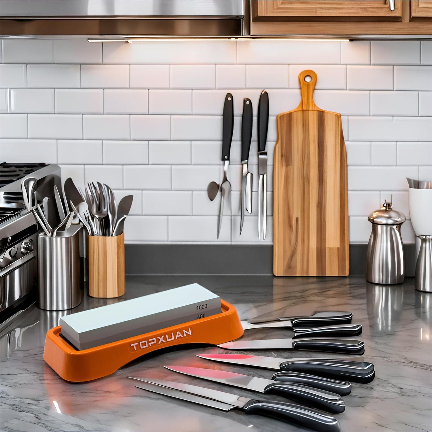 Knife Sharpening Stone Sided 400/1000 Grit sharpener Waterstone,Professional Kitchen Whetstone with Orange Plastic Base, Non-slip Rubber and Angle Guide
