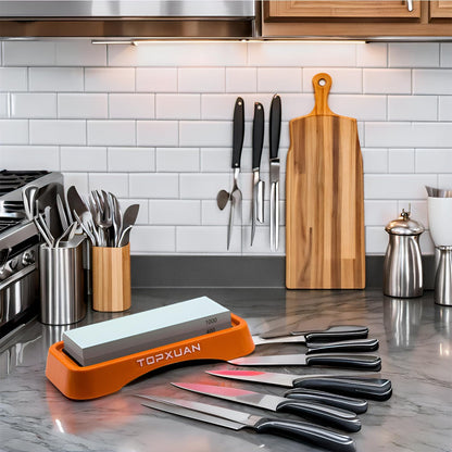 Knife Sharpening Stone Sided 400/1000 Grit sharpener Waterstone,Professional Kitchen Whetstone with Orange Plastic Base, Non-slip Rubber and Angle Guide