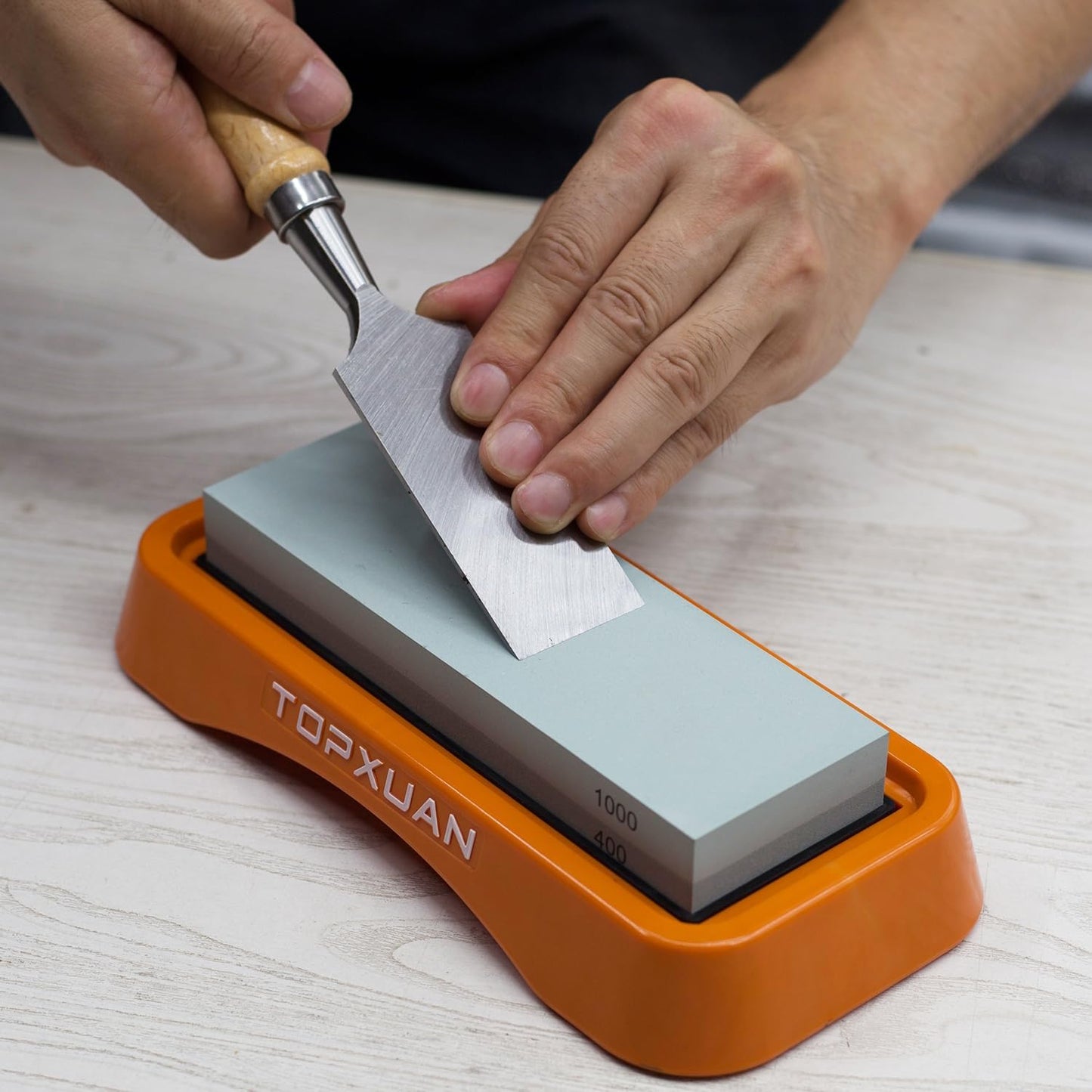 Knife Sharpening Stone Sided 400/1000 Grit sharpener Waterstone,Professional Kitchen Whetstone with Orange Plastic Base, Non-slip Rubber and Angle Guide
