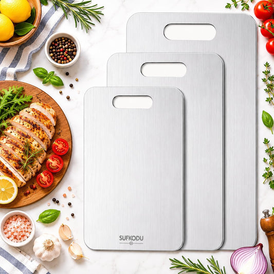 Titanium Cutting Board Set of 3, Titanium Cutting Boards for Kitchen, 100% Double-Sided Titanium Cutting Boards, Separate Raw and Cooked Food Areas, Non-Toxic, Dishwasher Safe (S+ M + L)