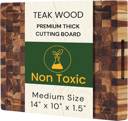 End Grain Teak Cutting Board 14" x 10" x 1.5" Thick Butcher Block for Meat Steak & Kitchen Prep with Juice Groove Handle, Knife-Friendly Solid Hardwood, Non Toxic by New M Way