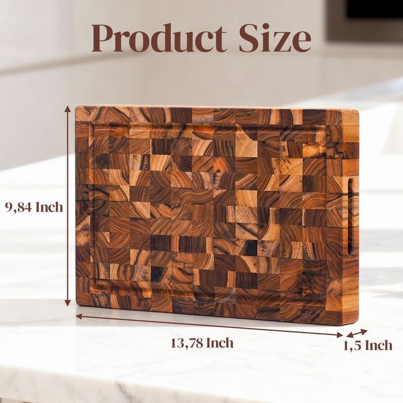 End Grain Teak Cutting Board 14" x 10" x 1.5" Thick Butcher Block for Meat Steak & Kitchen Prep with Juice Groove Handle, Knife-Friendly Solid Hardwood, Non Toxic by New M Way