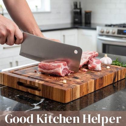 End Grain Teak Cutting Board 14" x 10" x 1.5" Thick Butcher Block for Meat Steak & Kitchen Prep with Juice Groove Handle, Knife-Friendly Solid Hardwood, Non Toxic by New M Way