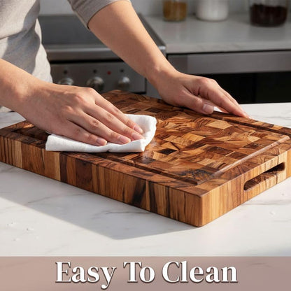 End Grain Teak Cutting Board 14" x 10" x 1.5" Thick Butcher Block for Meat Steak & Kitchen Prep with Juice Groove Handle, Knife-Friendly Solid Hardwood, Non Toxic by New M Way