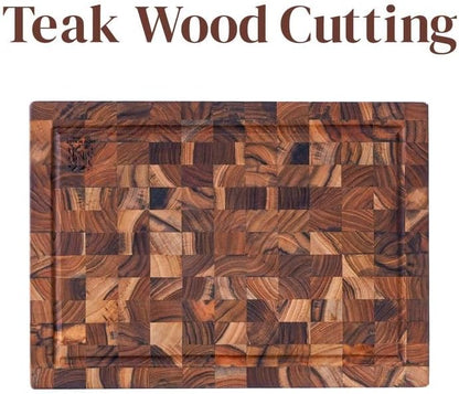 End Grain Teak Cutting Board 14" x 10" x 1.5" Thick Butcher Block for Meat Steak & Kitchen Prep with Juice Groove Handle, Knife-Friendly Solid Hardwood, Non Toxic by New M Way