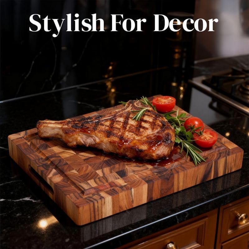 End Grain Teak Cutting Board 14" x 10" x 1.5" Thick Butcher Block for Meat Steak & Kitchen Prep with Juice Groove Handle, Knife-Friendly Solid Hardwood, Non Toxic by New M Way