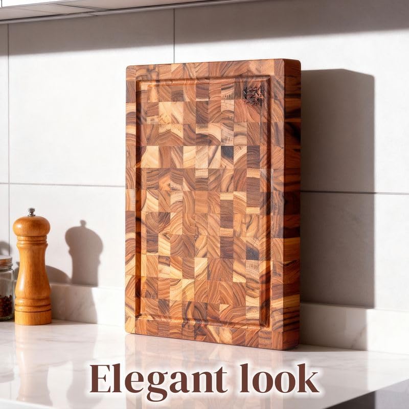 End Grain Teak Cutting Board 14" x 10" x 1.5" Thick Butcher Block for Meat Steak & Kitchen Prep with Juice Groove Handle, Knife-Friendly Solid Hardwood, Non Toxic by New M Way