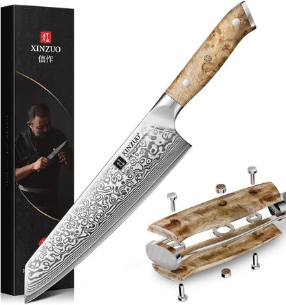 Damascus 8.3 Inch Kiritsuke Chef Knife,Hand Forged High Carbon Steel Sharp Kitchen Cutting Knife,Comfortable Ergonomic Full Tang Figured Sycamore Wood Handle