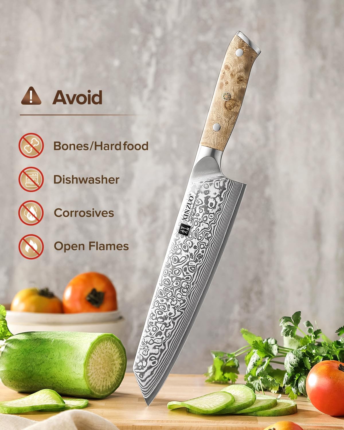 Damascus 8.3 Inch Kiritsuke Chef Knife,Hand Forged High Carbon Steel Sharp Kitchen Cutting Knife,Comfortable Ergonomic Full Tang Figured Sycamore Wood Handle
