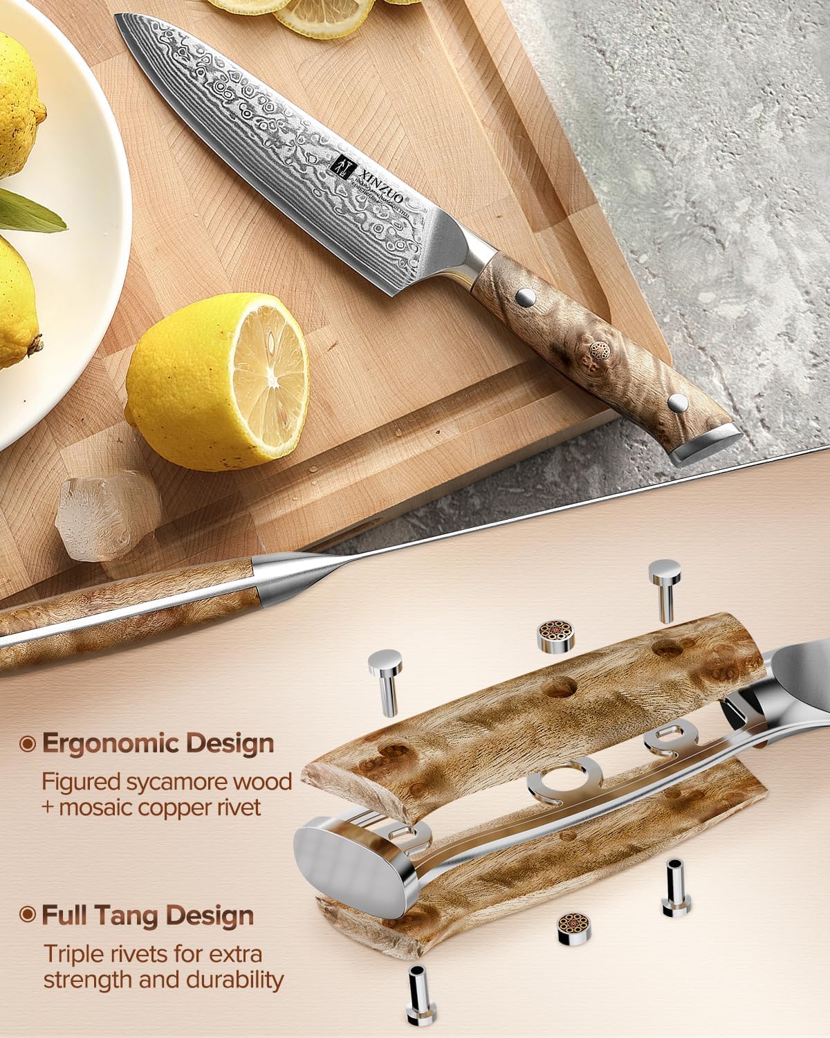 Damascus 8.3 Inch Kiritsuke Chef Knife,Hand Forged High Carbon Steel Sharp Kitchen Cutting Knife,Comfortable Ergonomic Full Tang Figured Sycamore Wood Handle