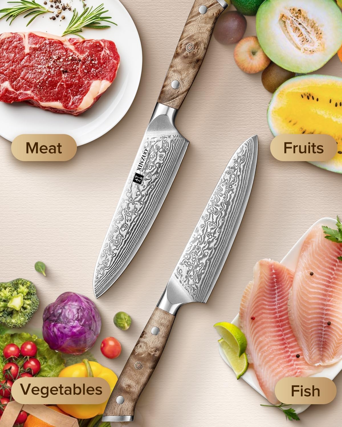 Damascus 8.3 Inch Kiritsuke Chef Knife,Hand Forged High Carbon Steel Sharp Kitchen Cutting Knife,Comfortable Ergonomic Full Tang Figured Sycamore Wood Handle
