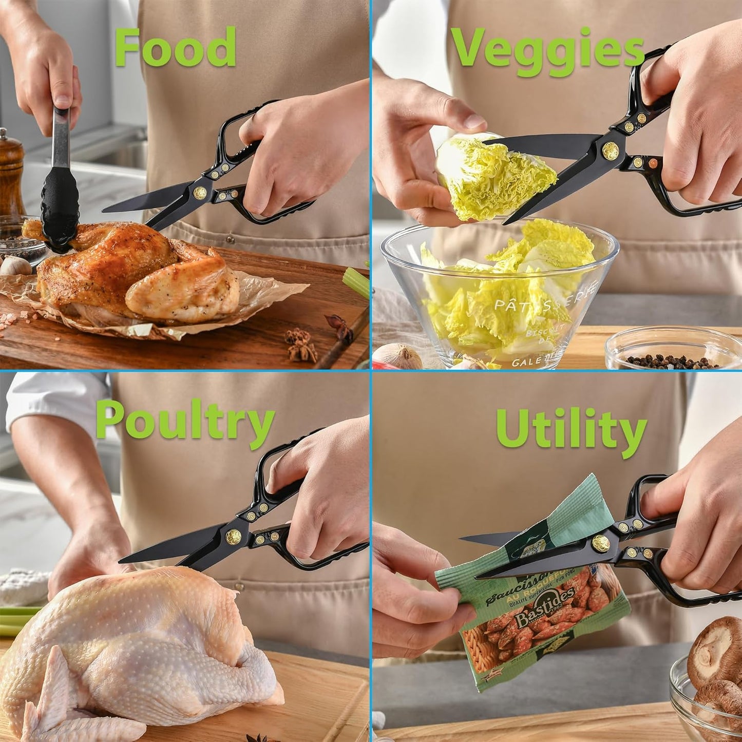 Kitchen Scissors - Heavy Duty Kitchen Shears with Stainless Steel Titanium-Coated Blades for Food, Poultry, Meat & Herbs - Sharp All Purpose Cooking Scissors Dishwasher Safe